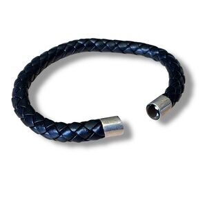Braided Leather Cuff Bracelet with Sterling Silver & Black Faceted Stone Ends